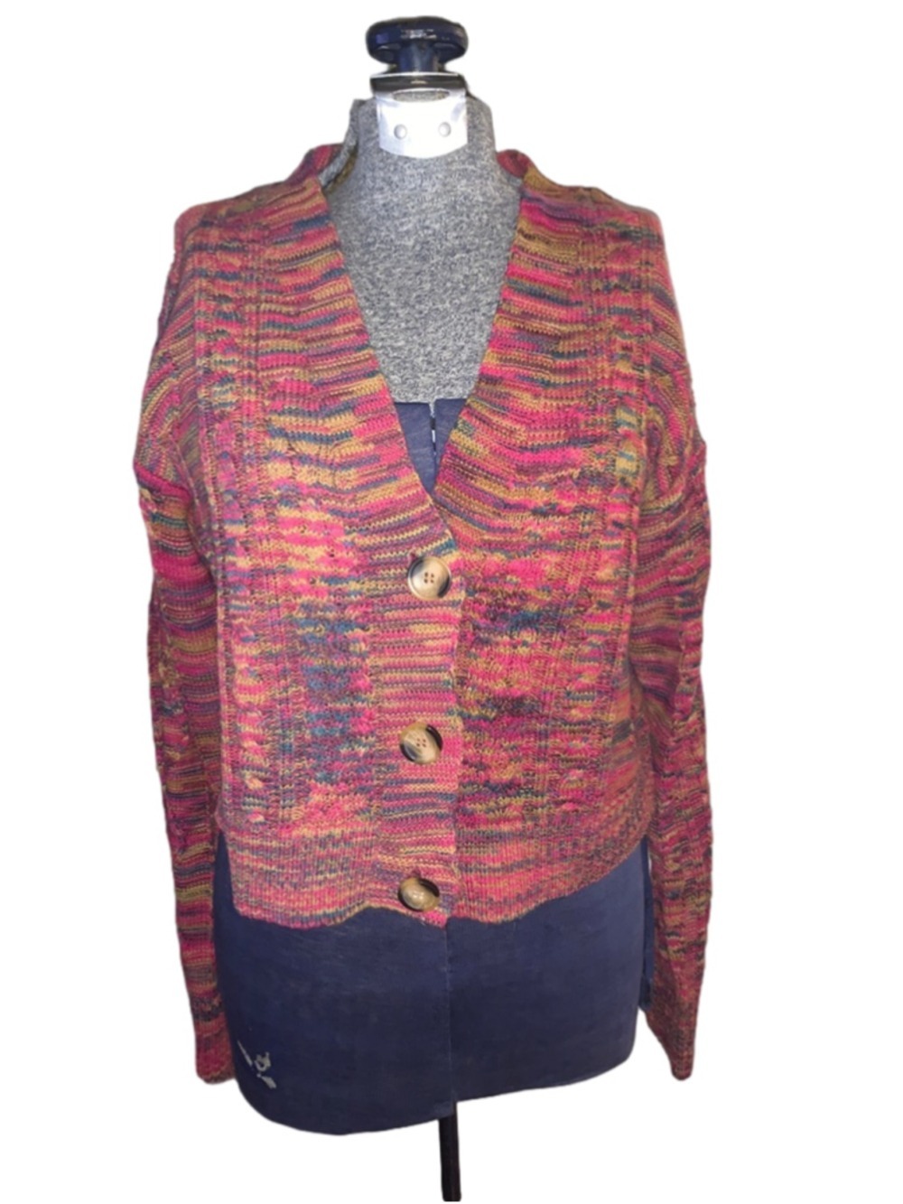 Women's Love & Liberty Pink Gold Striped cable knit Cardigan XL